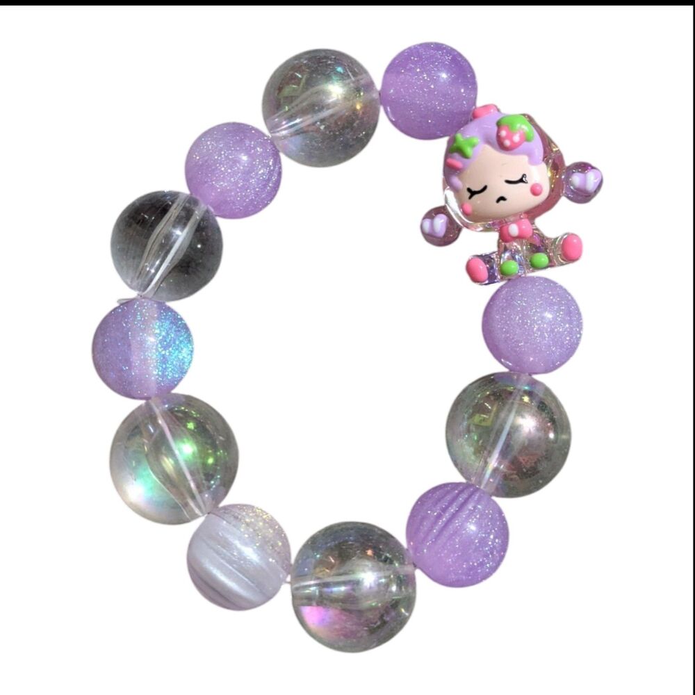 Handmade Kawaii Beaded Bracelet Pastel Purple Iridescent Cute Character Charm - Picture 2 of 3